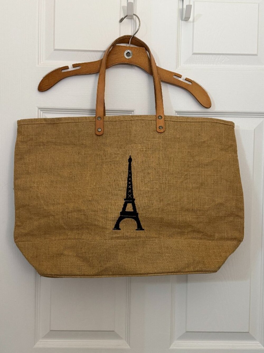 Ballard Designs Eiffel Tower Burlap Jute Tote Bag with Leather Straps